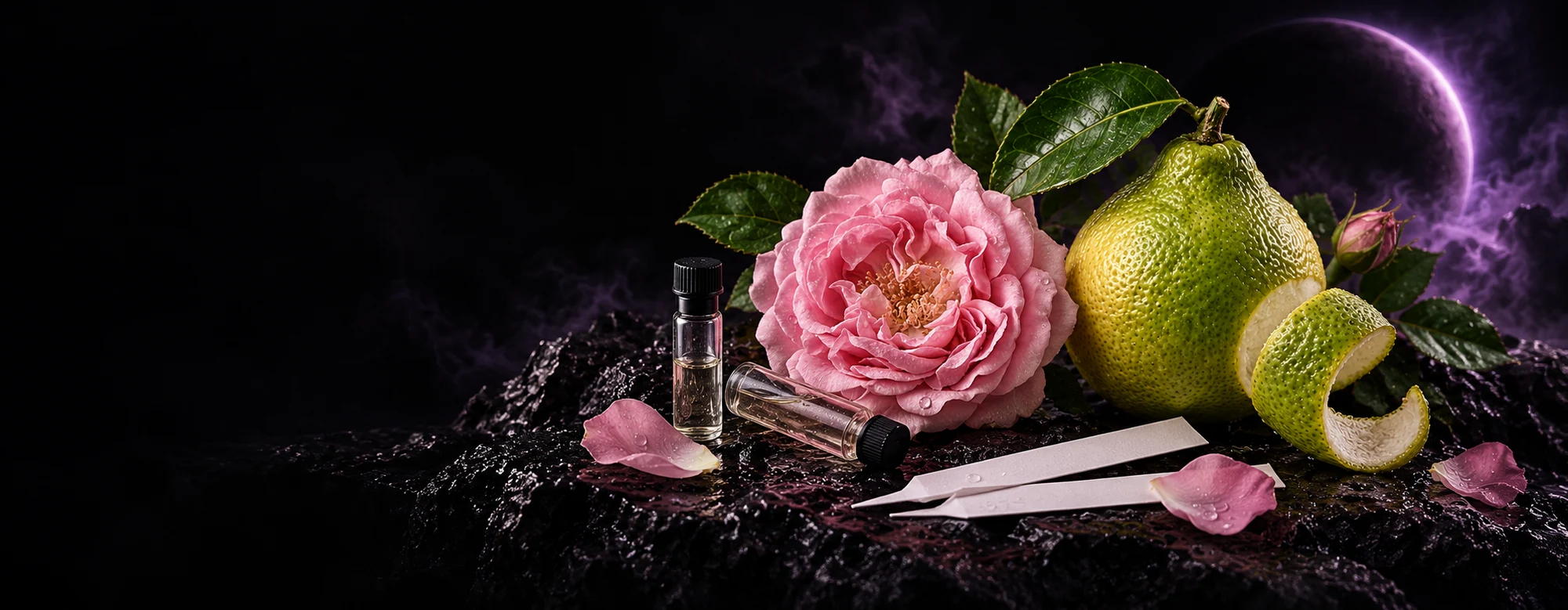 A naturally coloured rose and bergamot beside scent samples, with a violet eclipse in the background